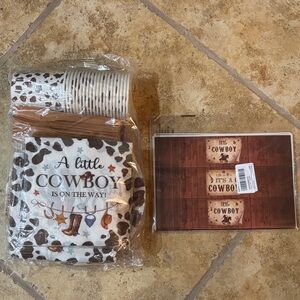Cowboy Themed Baby Shower Decorations serves 20. See below photos.